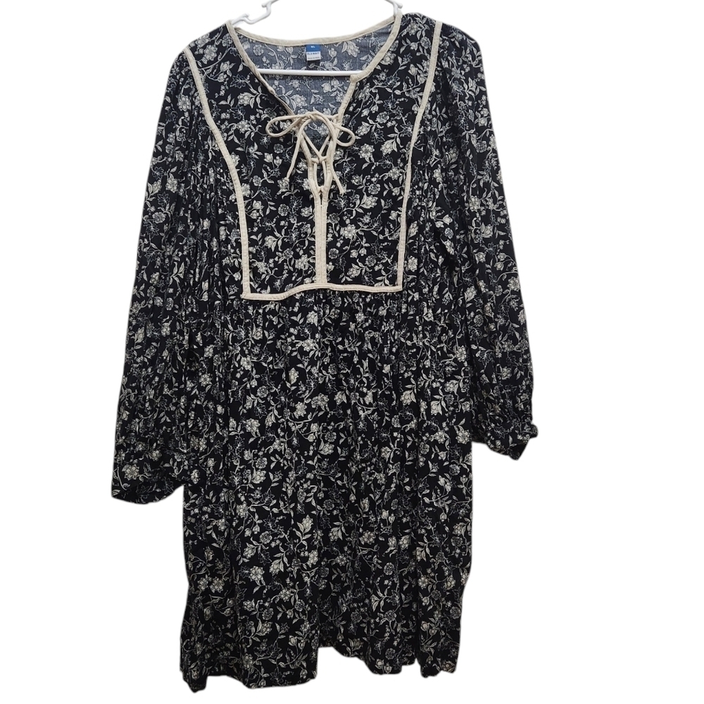 Old Navy Long Sleeve Boho Black Floral Mini Dress Cottagecore Peasant Size XL